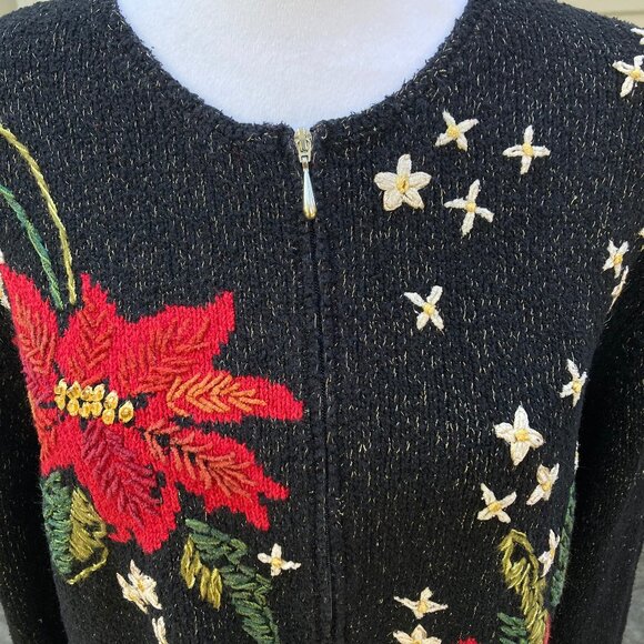 Talbots Silk Cardigan Poinsetta Embroidered Full Zip Festive Holiday, size Large - Picture 2 of 11